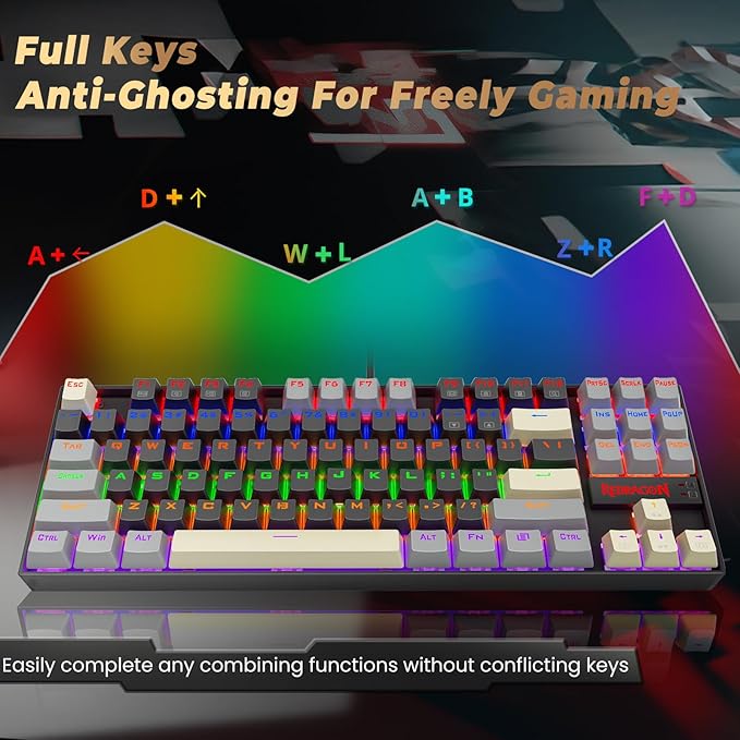 Redragon K552 Mechanical Gaming Keyboard, 87-Key Compact, LED Gaming Keyboard with Red Switches, Anti-Ghosting, Metal Frame for PC Gaming & Typing, Beginner-Friendly (Eclipse Gilded)