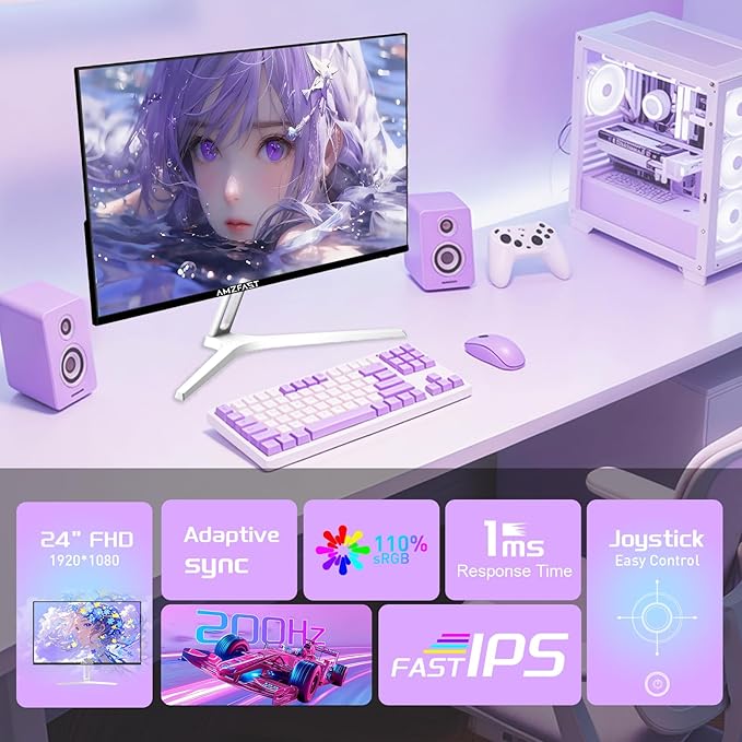 Amzfast 24 Inch Gaming Monitor 200Hz FHD 1080p Fast IPS Computer Monitor, 110% sRGB 1ms HDR Support Adaptive Sync, Eye Care VESA Mount HDMI 2.0 | Display Port 1.4 White Monitor, G24X1W