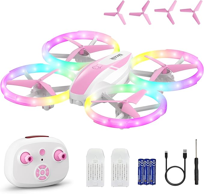 Mini Drone for Girls and Beginners with Fancy LED & Altitude Hold,Birthday Gift for Kids 8-12,Pink RC Drone with Propeller Protection,360°Flips,3 Speed Mode,Indoor Outdoor RC Quadcopter Toy