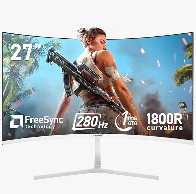 27 Inch PC Computer Screen,1800R Curved Gaming 280Hz Monitors, FHD 1080p 1ms, Freesync, 98% sRGB,178 ° Angle View HDMI2.0、DisplayPort, Compatible with Wall-Mounted 100 * 100MM-White