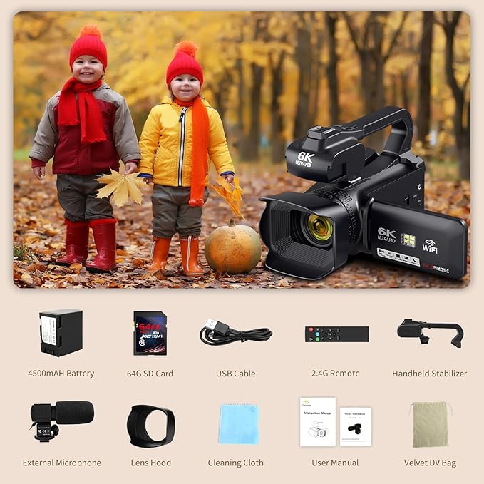 6K Video Camera Camcorder 64MP IR Night Vision Vlogging Camera for YouTube 18X Digital Zoom 4.0" Touch Screen Digital Camera with WiFi, Microphone, Charger, Stabilizer, Remote Control and 64GB SD Card