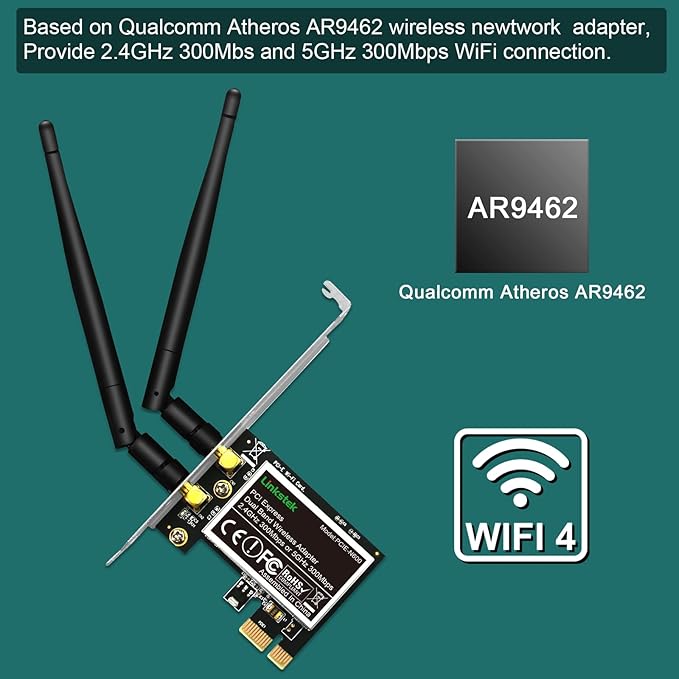 Wireless N 600Mbps (2.4GHz 300Mbps and 5GHz 300Mbps) PCIE WiFi Adapter, PCIE WiFi Card, QUALCOMM Atheros AR946X Wireless Network Adapter for Windows 10 8.1 8 7 XP Desktop PCs (PCIE-N600)