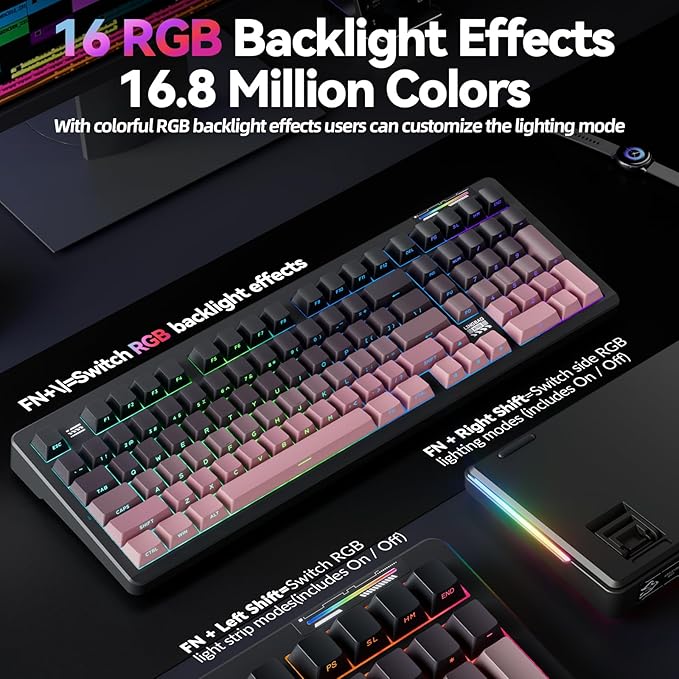 LINGBAO K98 Wireless Mechanical Gaming Keyboard, Tri-Mode BT5.0/2.4GHz/USB-C, Creamy Keyboard with Number Pad, Gasket Hot Swappable Linear Switches RGB Backlit Keyboards for Win/Mac/PC, (Black Pink)