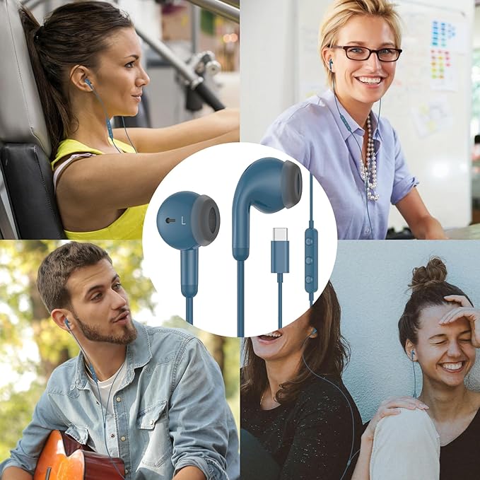 USB C Earbuds USB Type-C Headphones for iPad 10th Generation iPhone 17 16 Pro 15 Plus Galaxy S21 Wired Headphone Earphones with Microphone Volume Control Noise Isolating HiFi Stereo Headset Lake Blue