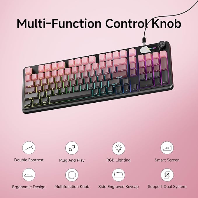 V102 Wired Keyboard, 98 Keys Creamy Gaming Keyboard with Number Pad, Display Screen & Media Knob RGB Silent Wired Cute Computer Keyboard for Laptop PC Gamer-Black Pink