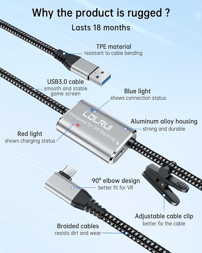 LDLrui Link Cable 16FT with 45W Charging & 5Gbps,Braided USB3.0 to USB C Charger Cord for Meta Quest 3S/Oculus Quest 3.Quest 2/Pro/Pico4 and PC/Steam VR,VR Headset Accessories,with Fixed Clip