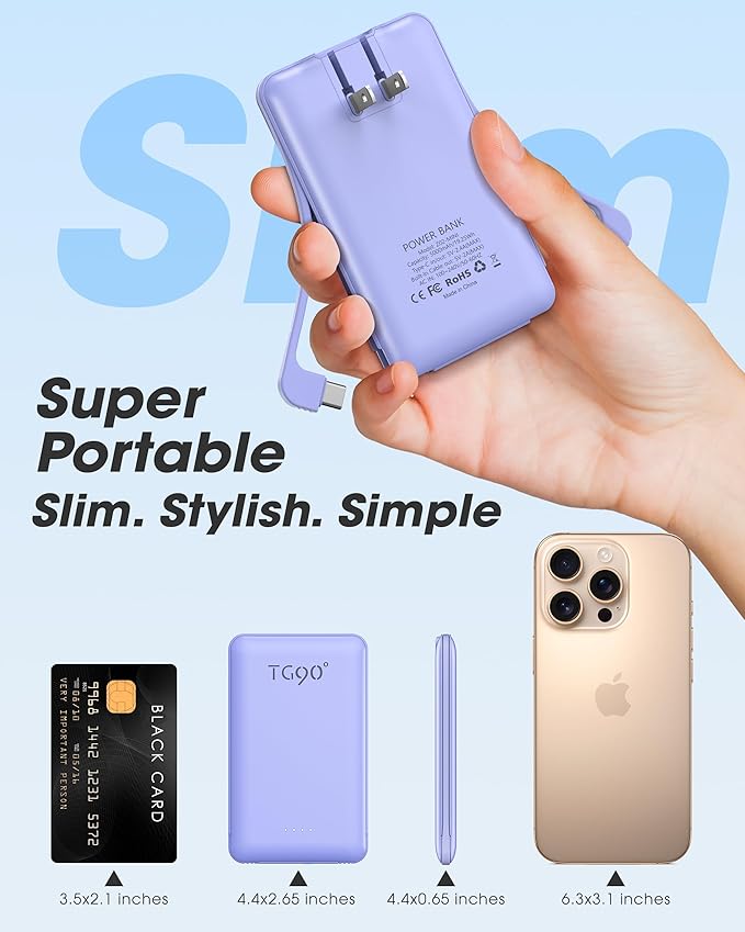 TG90° Portable Phone Charger Ultra Mini Power Bank with Built-in Foldable AC Wall Plug and Cables,5000mAh External Battery Pack Compatible with iPhone 17 16 15 14 Android Smart Devices