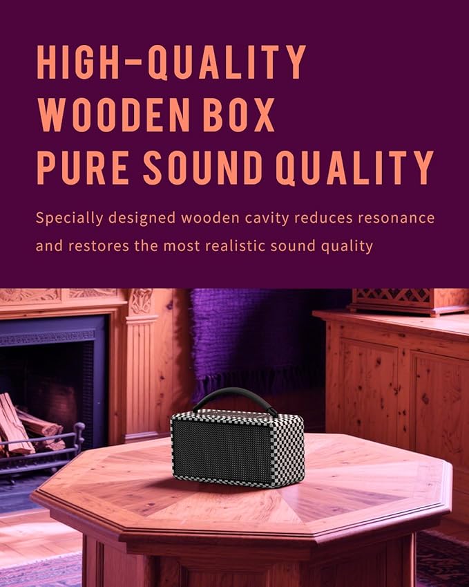DINDIN Portable Bluetooth Speaker: 80W (Peak), 20H Playtime, Loud Wireless Wood Speakers with Bass, AUX and USB Input, Subwoofer, TWS Pairing, Vintage Speaker for Outdoor, Home, Office (White+Black)