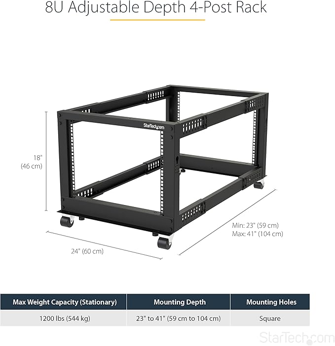 StarTech.com 4-Post 8U Mobile Open Frame Server Rack, 19in Network Rack with Wheels, Small Rolling Rack for Computer/AV/Data/IT Equipment, Casters, Leveling Feet or Floor Mounting (4POSTRACK8U)