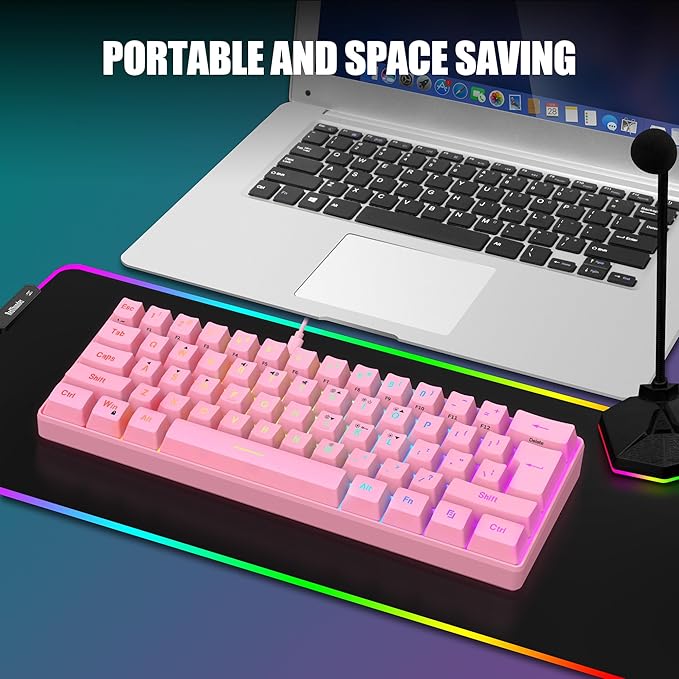 RedThunder 60% Gaming Keyboard and Mouse Combo, Ultra-Compact 61 Keys RGB Backlit Mini Keyboard, Lightweight 7200 DPI Honeycomb Optical Mouse, RGB Wired Gaming Set for PC MAC PS5 Xbox Gamer(Pink)