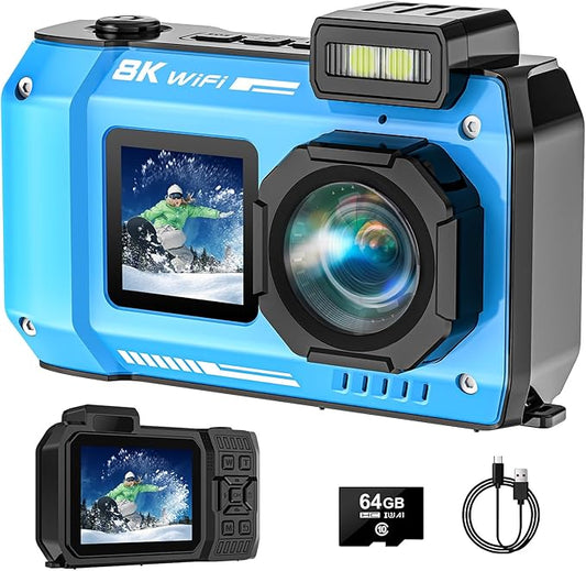 UHD 8K Underwater Camera, 70MP 33FT WiFi Waterproof Digital Camera with 64GB Card, Auto Focus Waterproof Dual-Screen Selfie 2500mAh Battery, 16X Floatable Digital for Snorkeling, Blue