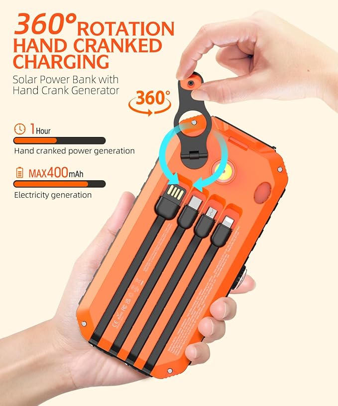 QiSa Solar Charger Power Bank 40000mAh Built in 4 Cables and Hand Crank, Portable Charger 22.5W Fast Charger 6 Outputs & 4 Inputs External Battery Pack with Bright Flashlight and Compass