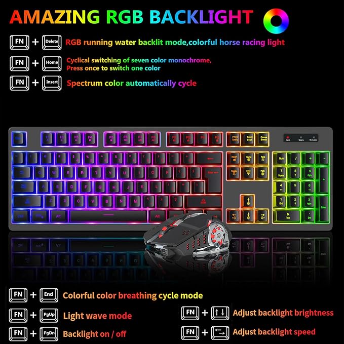 Wireless RGB Gaming Keyboard and Mouse - Rechargeable RGB Backlit,Long Battery Life,Mechanical Feel,7 Color Gaming Mouse for PC Game and Work