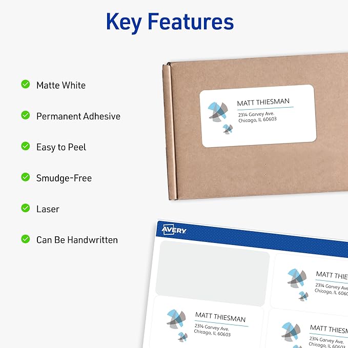 Avery Printable Shipping Labels with Sure Feed, 2" x 4" Customizable Stickers, White, 250 Blank Mailing Labels, Great for Mailing, Shipping, and More (5263)