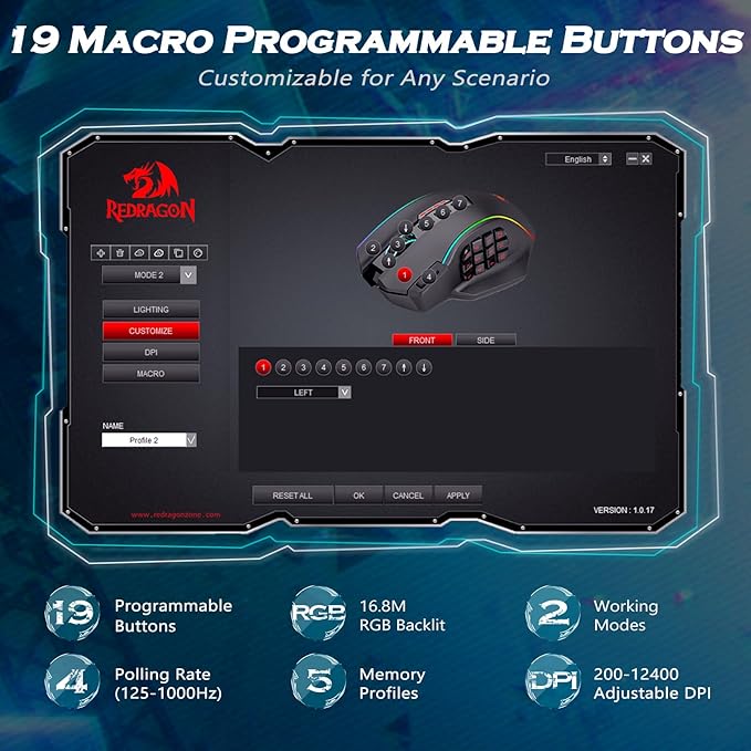 Redragon Gaming Mouse, MMO Gaming Mouse UP 12400 DPI, 19 Macro Programmable Buttons, RGB Mouse with 12 Side Buttons, 8 * 2.4g Weight Tuning for PC Laptop MOBA FPS, White