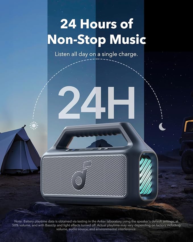soundcore Boom 2 By Anker, Outdoor Speaker, 80W, Subwoofer, BassUp 2.0, 24H Playtime, IPX7 Waterproof, Floatable, RGB Lights, USB-C, Custom EQ, Bluetooth 5.3, Portable for Camping, Beach, and Backyard