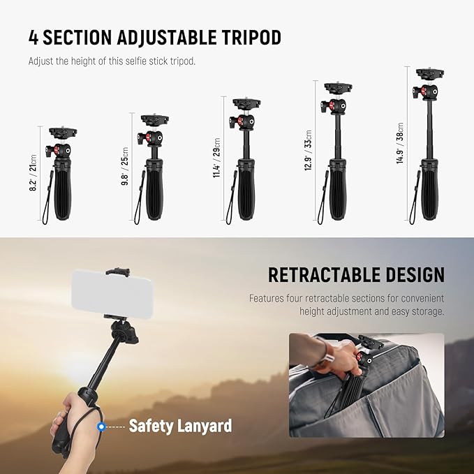 NEEWER TP38 Phone Camera Tripod, 15" Extendable Selfie Stick Metal Stand with Phone Holder, Action Camera Adapter Compatible with Hero 12 11 10 9, 360° Ball Head Travel Tripod for Vlogging