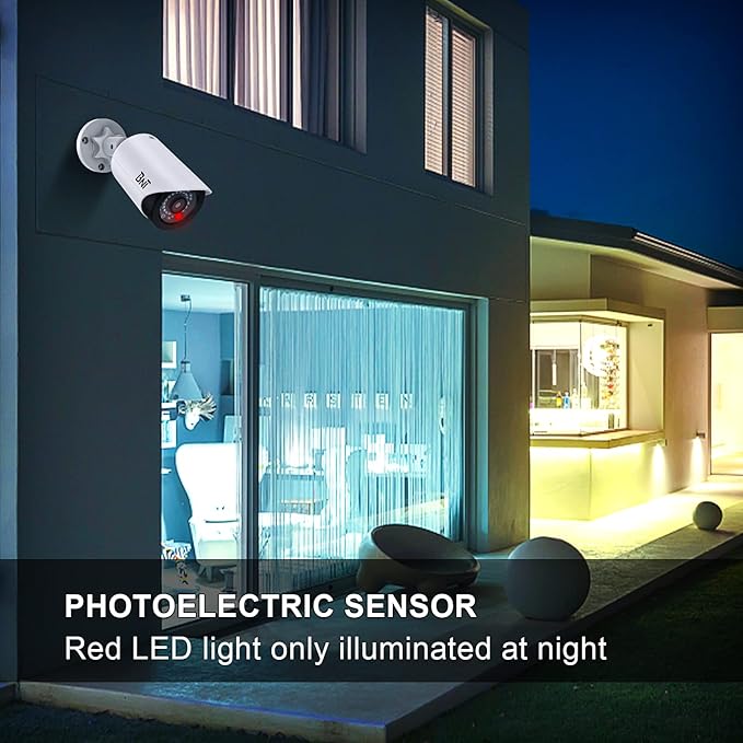 BNT Dummy Fake Security Camera, with One Red LED Light at Night, for Home and Businesses Security Indoor/Outdoor (4 Pack, White)
