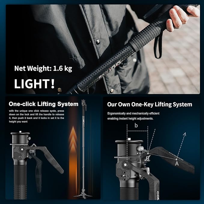 COMAN One-Click Lifting Carbon Fiber Monopod, M1 Pro Camera Monopod with Feet, 65'' Lightweight Travel Tripod with Quick Release Foot Lock for Camera, DSLR, Camcorder, Max Load 44lbs / 20kg