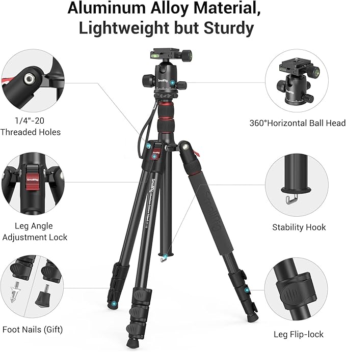 SmallRig Camera Tripod, 71" Foldable Aluminum Tripod/Monopod, 360°Ball Head Detachable, Payload 33lb, Adjustable Height from 16" to 71" for Camera, Phone