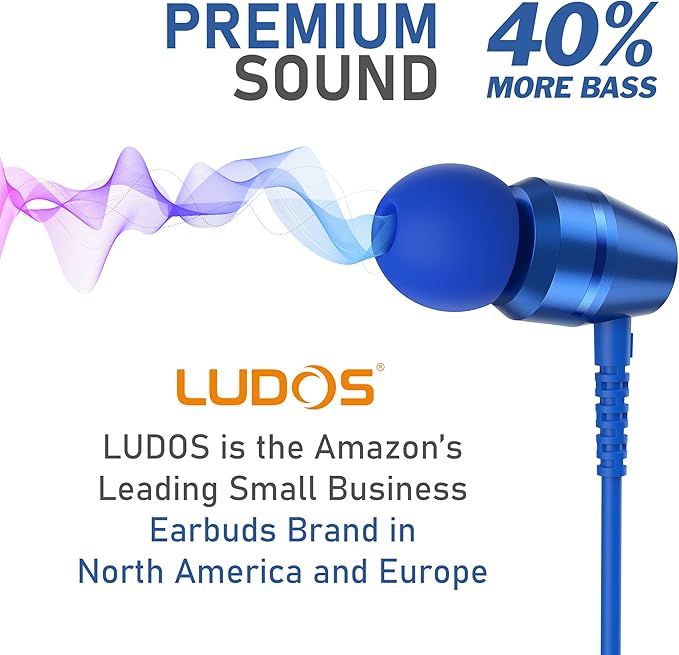 LUDOS OMNITONE Wired Earbuds in-Ear Headphones, 5 Years Warranty, Earphones with Microphone, 3.5 mm Jack Corded Ear Buds, Videoconference for iPhone, Samsung, Laptop, Kids, School Students - Blue