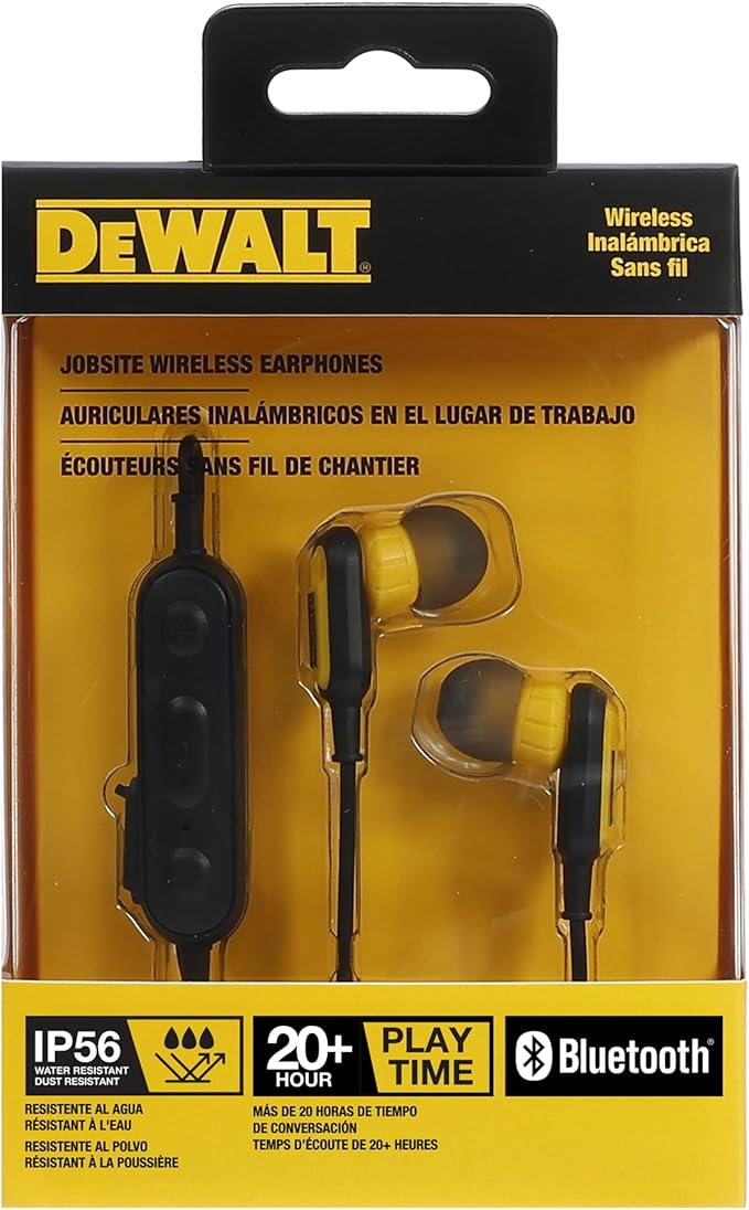 DEWALT Heavy Duty Neckband Bluetooth Earbuds, Wireless Bluetooth 5.2 Headphones w/Microphone, Lightweight Comfort, IP56 Waterproof, Deep Bass Strong Beat, 20H Playtime, Jobsite Behind-Neck Earphones