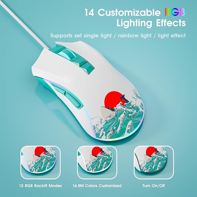 XVX Wired Gaming Mouse, 12000 DPI RGB Mouse with 12 Backlit Modes & 7 Macro Buttons, PC Gaming Mice Support DIY Keybinding, Gamer Computer Mice for Laptop PC Mac Windows, Coral Sea