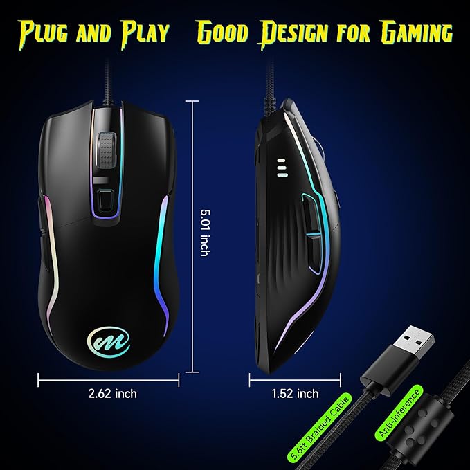 memzuoix Wired Gaming Mouse with RGB - 6 Adjustable DPI up to 12800, 6 Buttons, 12 Lighting Modes, Ergonomic Design with Anti-Slip Rubber Wheel, 5.6ft Braided Cable for PC/Mac/Windows - Black