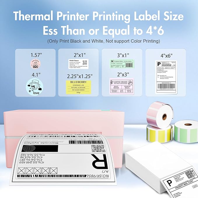 Bluetooth Thermal Shipping Label Printer: 4x6 Wireless Mini Clear Label Maker with Waterproof Tape for Small Business - Widely Used for USPS UPS Ebay Amazon Shopify Etsy, Pink