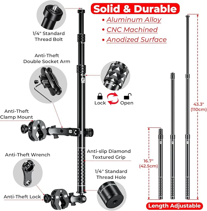Aluminum Alloy Motorcycle Camera Mount Kit for GoPro Insta360 DJI, 360° Rotating Heavy-Duty Bike Handlebar Anti-Theft Clamp Mount with Extendable Selfie Stick for Motorcycle Bike ATV UTV