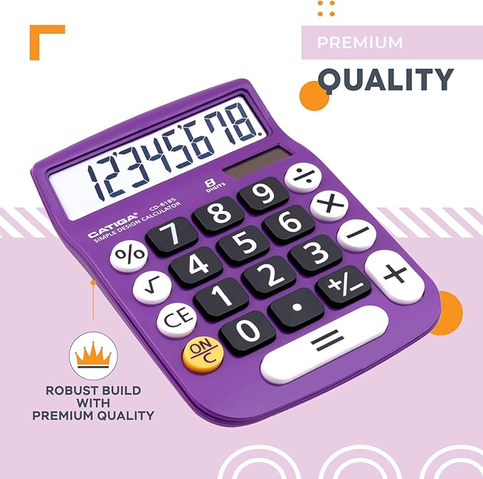 CATIGA Desktop Calculator 8 Digit with Solar Power and Easy to Read LCD Display, Big Buttons, for Home, Office, School, Class and Business, 4 Function Small Basic Calculators for Desk, CD-8185