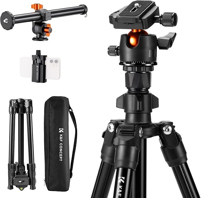 K&F Concept 76 inch Camera Tripod with Rotatable Multi-Angle Center Column,Lightweight Travel Outdoor DSLR Tripods with 360 Degree Ball Head Load Capacity 8kg/17.6lbs, Cellphone Clips for Smartphone