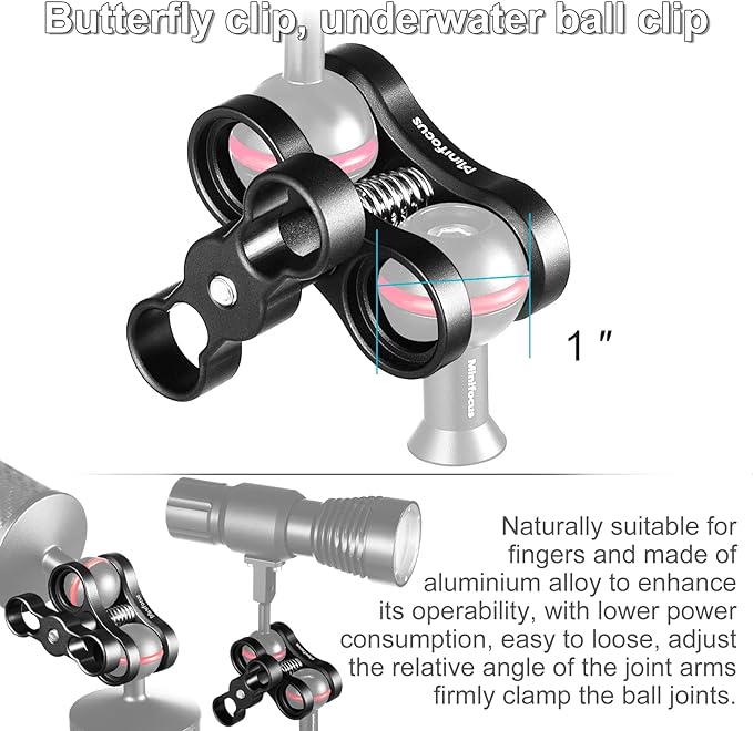 MINIFOCUS 1'' Ball Clamp Mount with Cold Shoe Ball Mount Head Base Adapter Connector for Diving Light Arm Underwater Camera Waterproof Housings Case Video/Flash/Strobe Hot Shoes