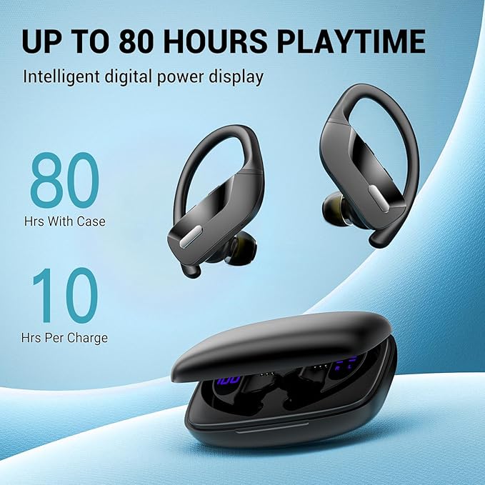 Active Noise Cancelling Ear Buds Wireless Sport Earbuds Bluetooth Headphones with Mic 80H Playtime IPX5 Waterproof Deep Bass Earphones Over Ear Headset for Running Gym Workout - Black