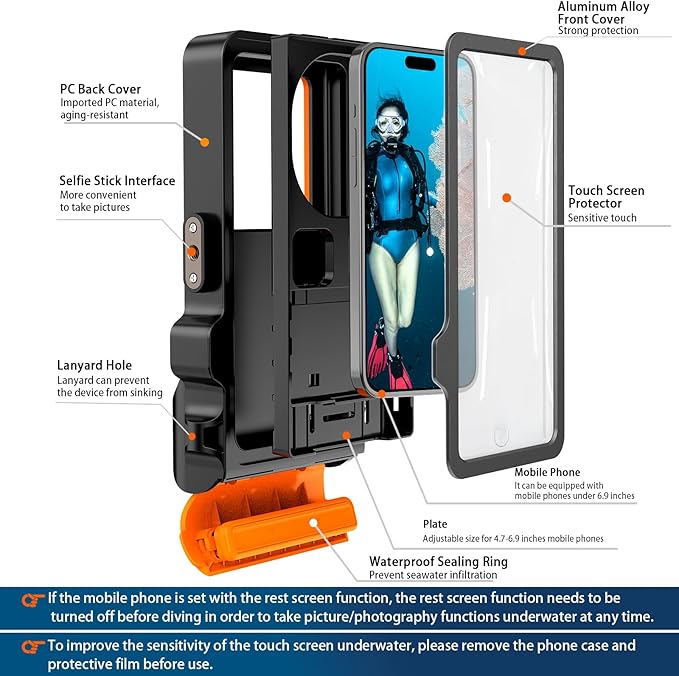 2025 Upgrade Waterproof Phone Case, Diving Snorkeling Swimming Scuba Underwater Touch Screen Photo Video Housing Cover for 17/16/15/14/13/12/11 Pro Max/XS Samsung Galaxy S25/S24/S23/S22 (Black Orange)