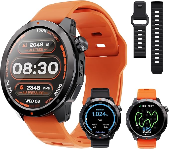 GPS Smart Watch for Men, 1.43'' AMOLED Smartwatch with Compass/Barometer/Altimeter, Heart Rate/Sleep Monitor, 30M Waterproof, 60+ Sports Fitness Tracker for Android/iOS, Black & Orange (2 Bands)