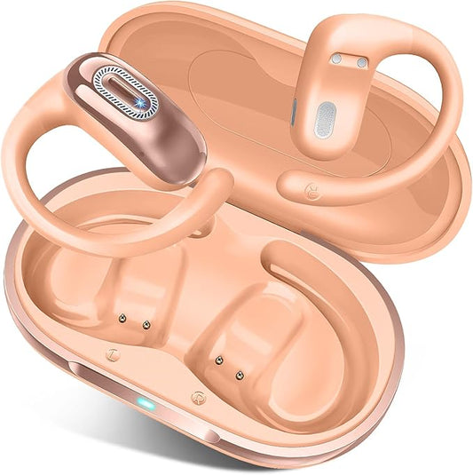 Open Ear Headphones, Bluetooth 5.4 Earbuds, 50H, Air Conduction Ear buds, HD Stereo Bass Over Ear Earphones with Earhooks, Ultra-Comfort Secure Fit, IPX7 Waterproof Headset for Working Sports, Orange