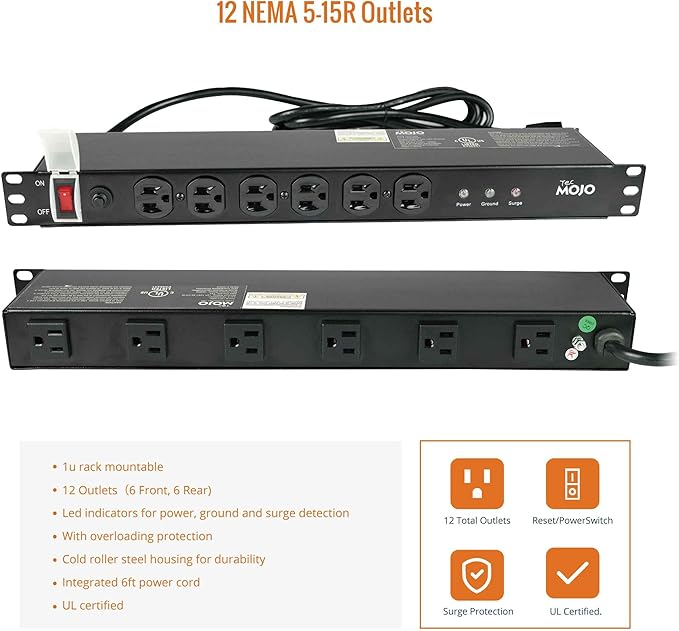 Tecmojo 1U Rackmount Network-Grade PDU Surge Protector Power Strip, 12 Outlets (6 Front, 6 Rear Wide Spaced) 12A 6ft Cord with 5-15P Lug - Black, UL Certified