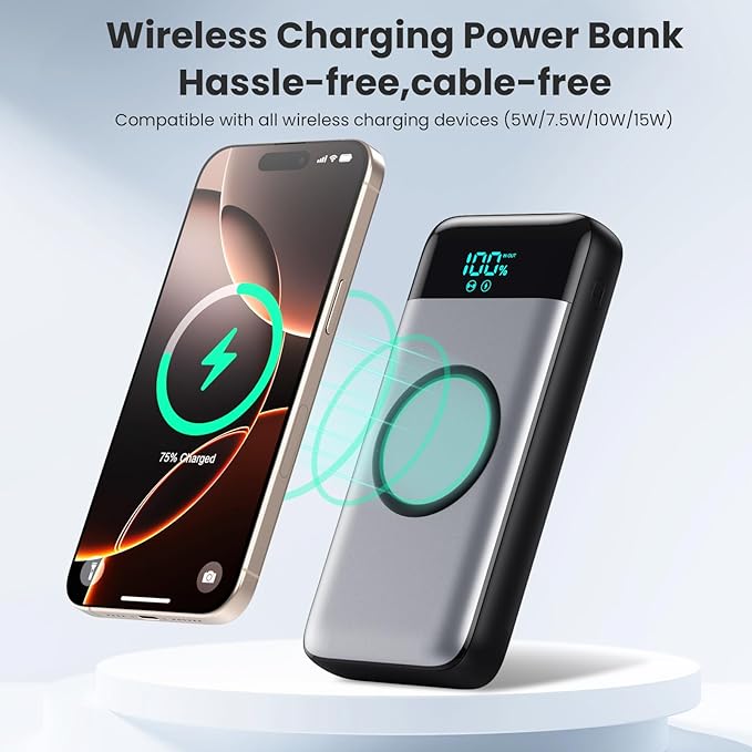 Wireless Portable Charger 40800mAh for iPhone with 3 Built-in Cables,7-in-1 15W Wireless Charging USB C Power Bank,LCD Display 25W PD QC 4.0 Fast Charging Battery Pack for iPhone 16/15/14,Android etc