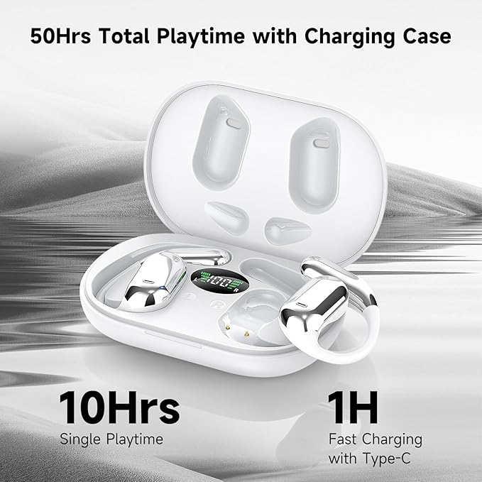 EUQQ Open Ear Bluetooth 5.4 Headphones, Wireless Earbuds Sport Over Earphones Built-in Mic with Ear Hooks 50H Playtime Ear Buds LED Display Charging Case
