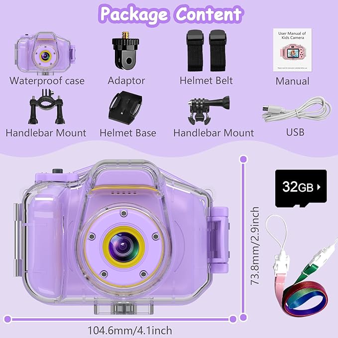 DEKER Kids Waterproof Camera, Christmas Birthday Gifts for Boys Girls Toys 3-12 Year Old, Underwater Mini Children HD Digital Action Camcorder, 2 Inch IPS Screen with 32GB Card (Lavender)