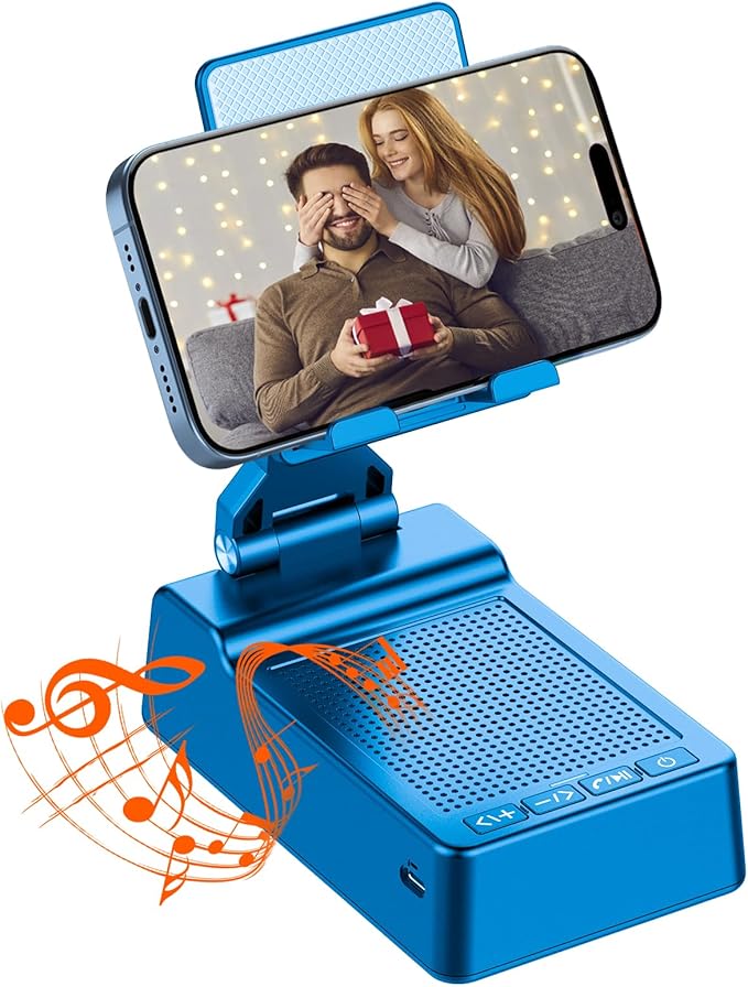 Multifunctional Cell Phone Stand with Wireless Bluetooth Speaker and Anti-Slip Base, HD Stereo Compatible with Multiple Devices, Tech Gadgets Gifts for Men/Women/Parents/Child (Blue)