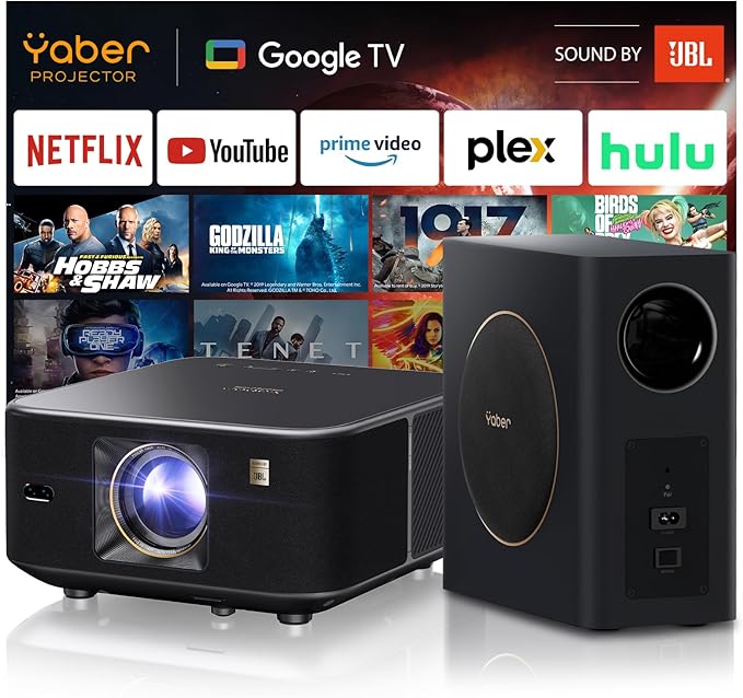 Yaber K3 Pro Projector with Subwoofer set Smart Projector with Google TV, 30W Speaker Sound by JBL, Dolby Audio, Home/Outdoor Movie Projector with WiFi6 and Bluetooth, Netflix 7000+app