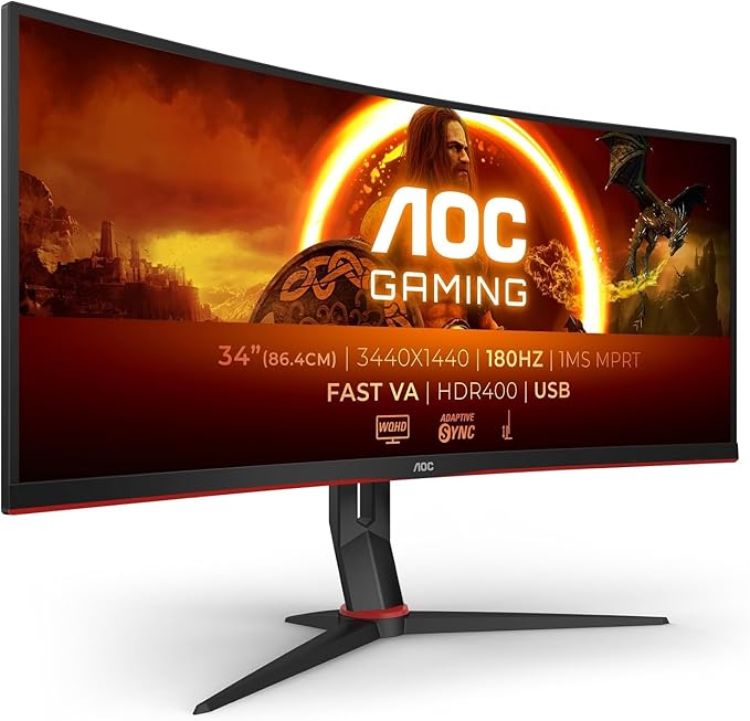 AOC CU34G2XP/BK Gaming Monitor - 34" WLED Curved Monitor - 180Hz Refresh Rate, 5ms Response Time (Renewed)