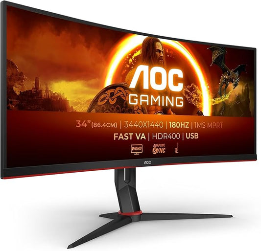 AOC CU34G2XP/BK Gaming Monitor - 34" WLED Curved Monitor - 180Hz Refresh Rate, 5ms Response Time (Renewed)