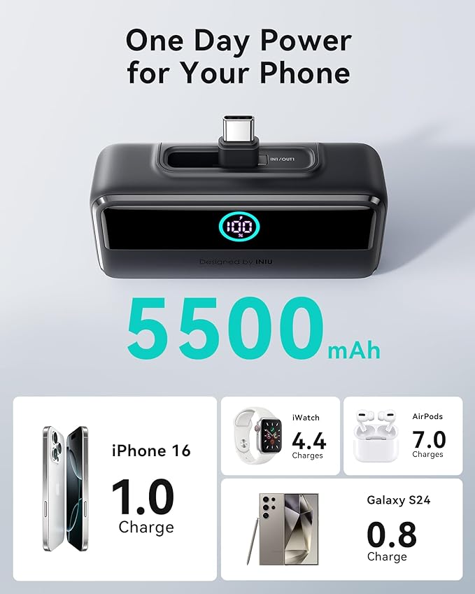 INIU Mini Portable Charger, 5500mAh Power Bank with Build-in USB-C Connector, 22.5W PD Fast Charging USB C in&Out Battery Pack, External Phone Charger for iPhone 17 16 15, Samsung S24 S23, Google etc