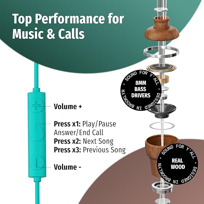 Symphonized Premium Wooden iPhone Earphones Wired (USB C) Deep Bass Sound, 3D Sound, Microphone Volume Control, 90% Noise Cancelling for Type C Devices. Earphones for iPhone 15 to 17 & Android