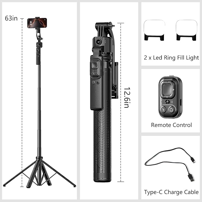 Auto Face Tracking Selfie Stick Tripod for iPhone with Light 360 Rotation 63" Phone Camera Tripod Stand Follows Your Movement with Wireless Remote for Content Creator Vlog Live Stream Video Recording