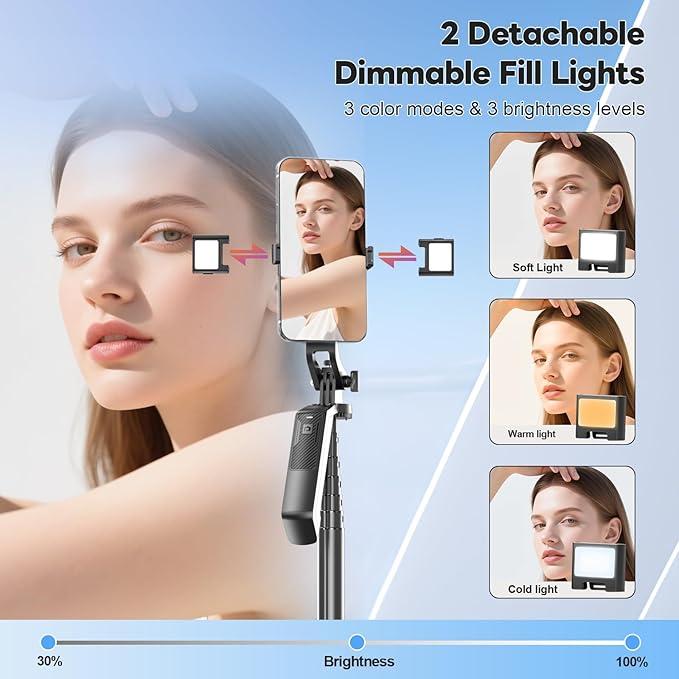 71" Selfie Stick Phone Tripod with Wireless Remote & 2 Fill Lights, Extendable Aluminum Phone Stand for iPhone/Android/Camera, Portable Travel Tripod for Vlogging, Live Streaming, Video Recording