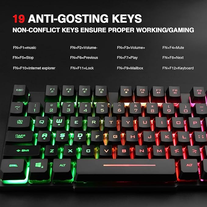 Rii RK100+ Multiple Color Rainbow LED Backlit Large Size USB Wired Mechanical Feeling Multimedia PC Gaming Keyboard,Office Keyboard for Working or Primer Gaming,Office Device